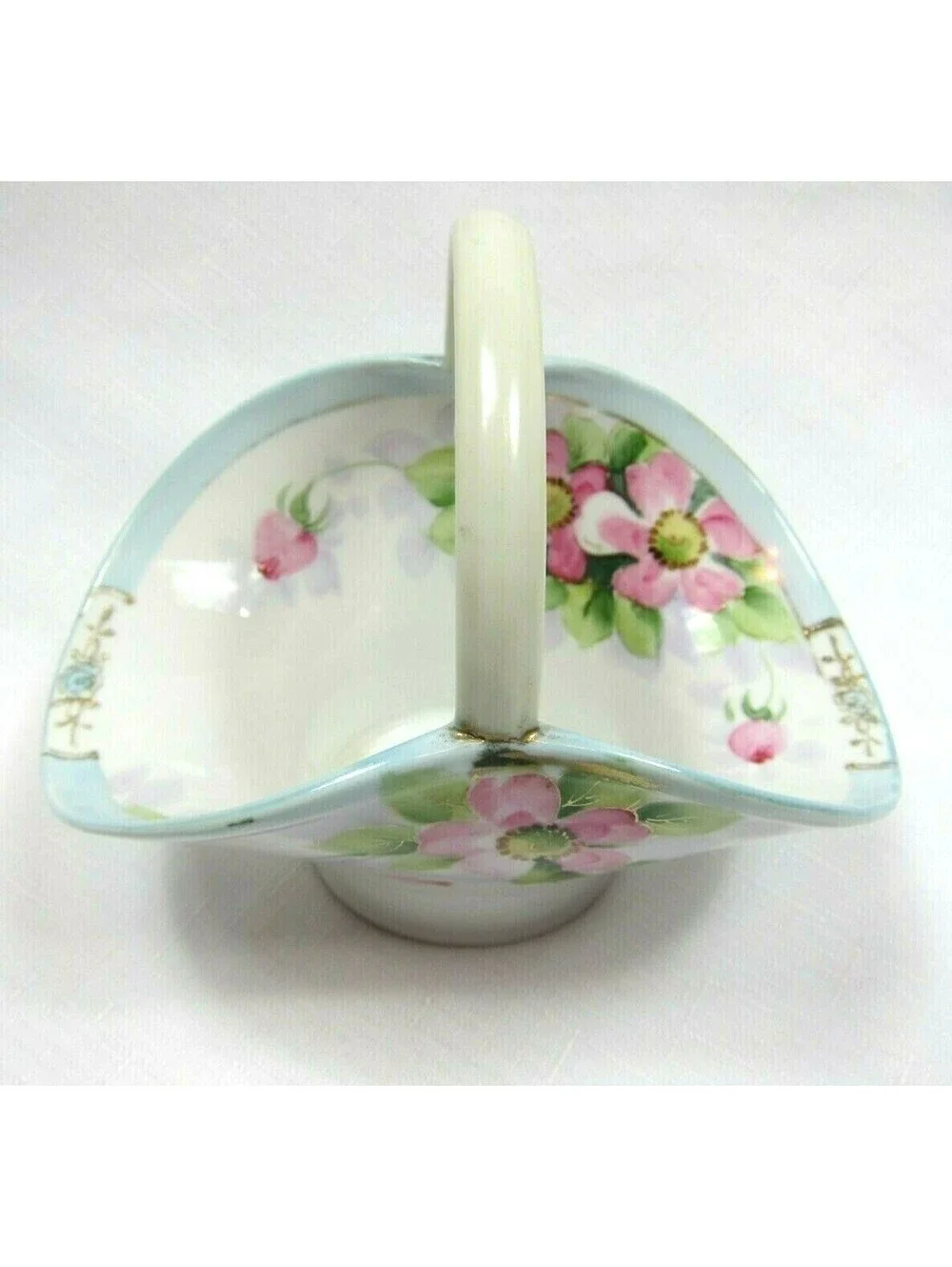 Antique 1911-1921 Nippon Hand Painted Toothpick Basket Pink Floral, Gold & Blue